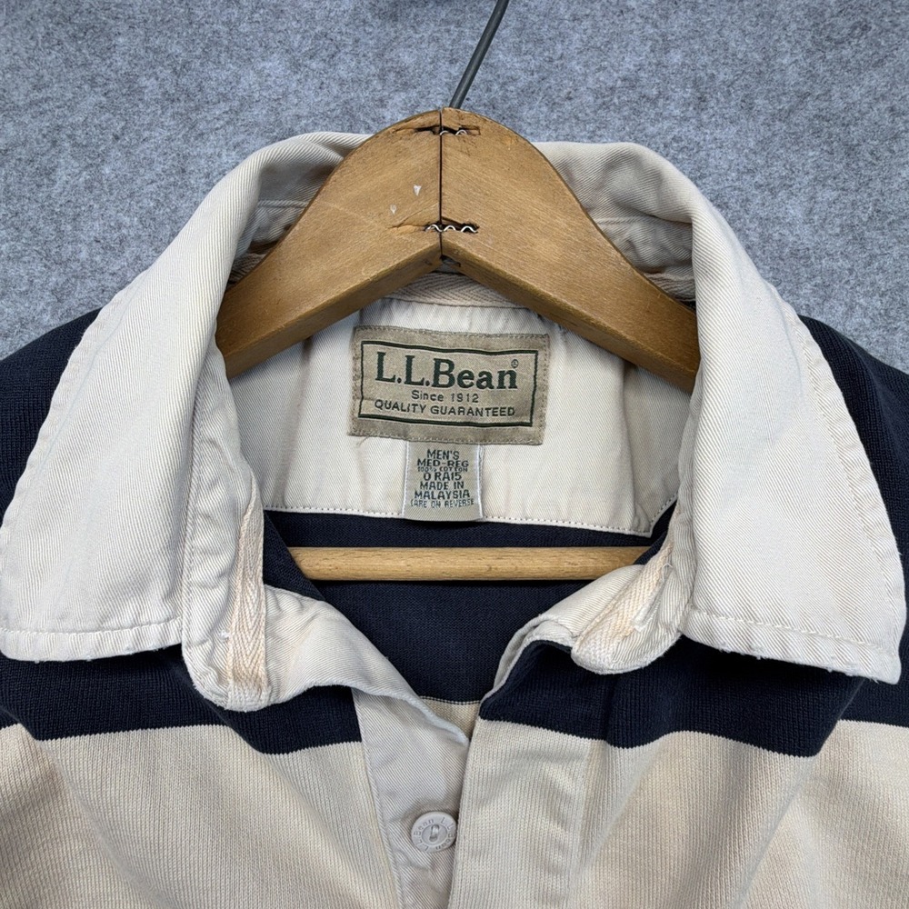 Vintage LL Bean Rugby Shirt Mens Medium Navy Blue Cream Striped Long Sleeve - Picture 2 of 7